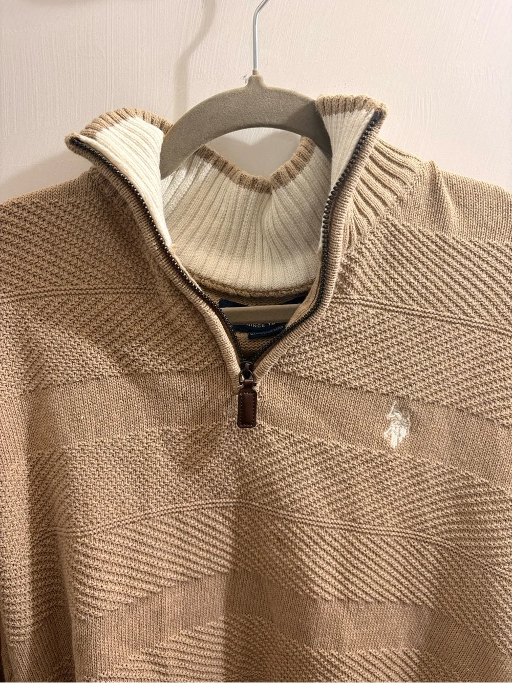 U.S. Polo Assn. Beige and Cream Half-Zip Textured Knit Sweater